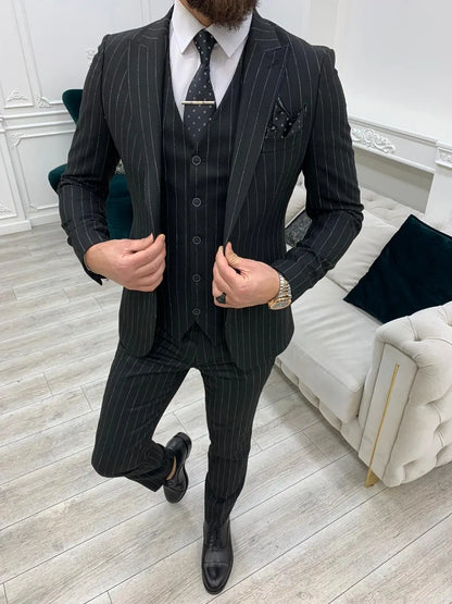 Lagos Black Slim Fit Peak Lapel Pinstripe Suit - Versatile Elegance for Every Occasion brabion
