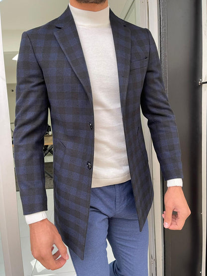 Melbourne Navy Blue Slim Fit Plaid Wool Long Coat