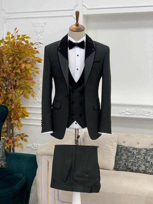 Caesar Black Slim Fit Velvet Shawl Lapel Tuxedo