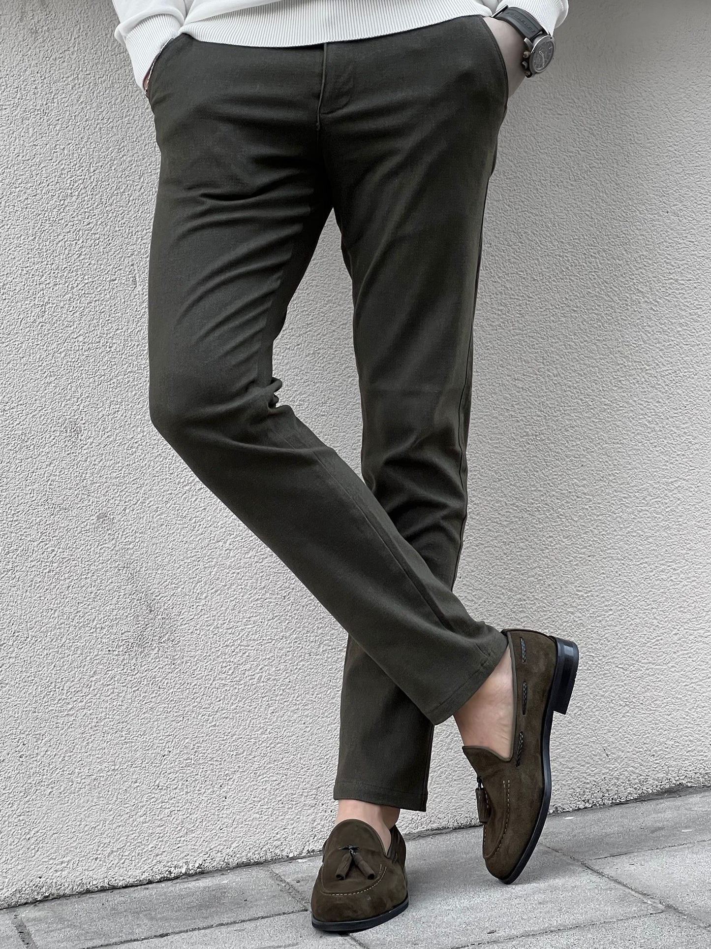Fabio Khaki Slim Fit Cotton Pants