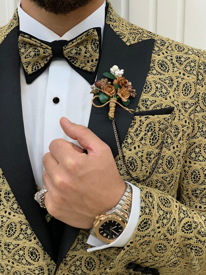 Caesar Golden Slim Fit Peak Lapel Floral Patterned Tuxedo