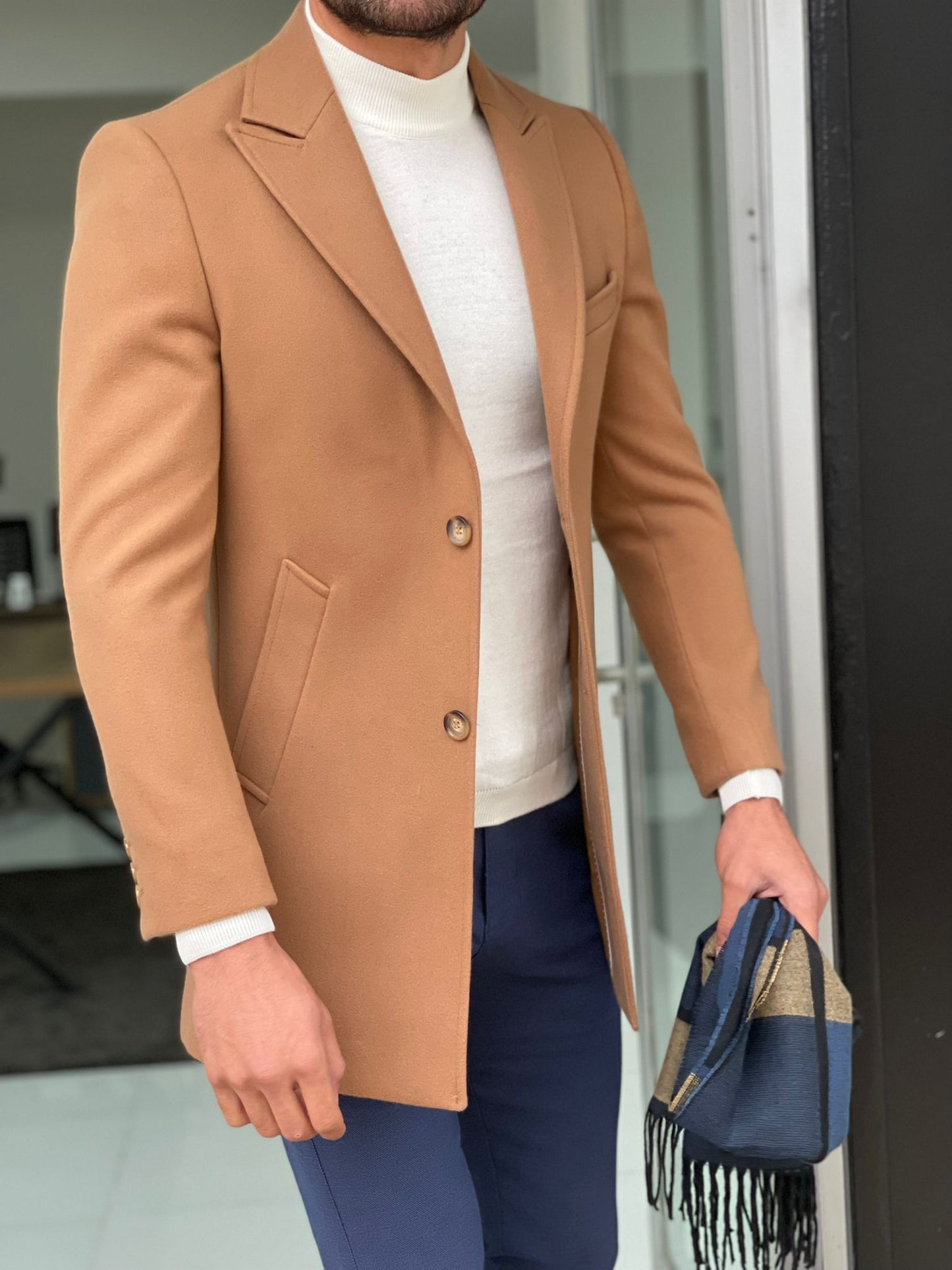 Viena Camel Slim Fit Wool Long Coat
