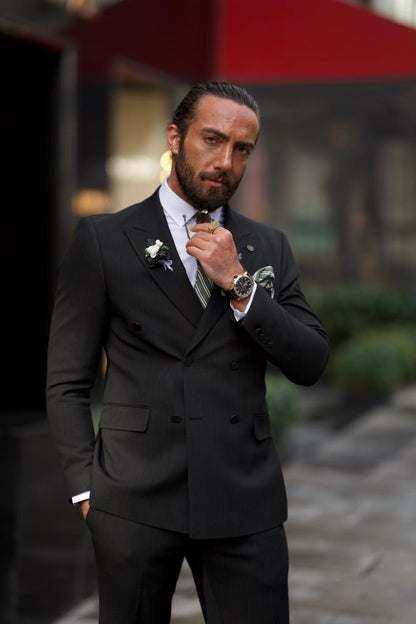 Sorento Black Slim Fit Double Breasted Pinstripe Suit