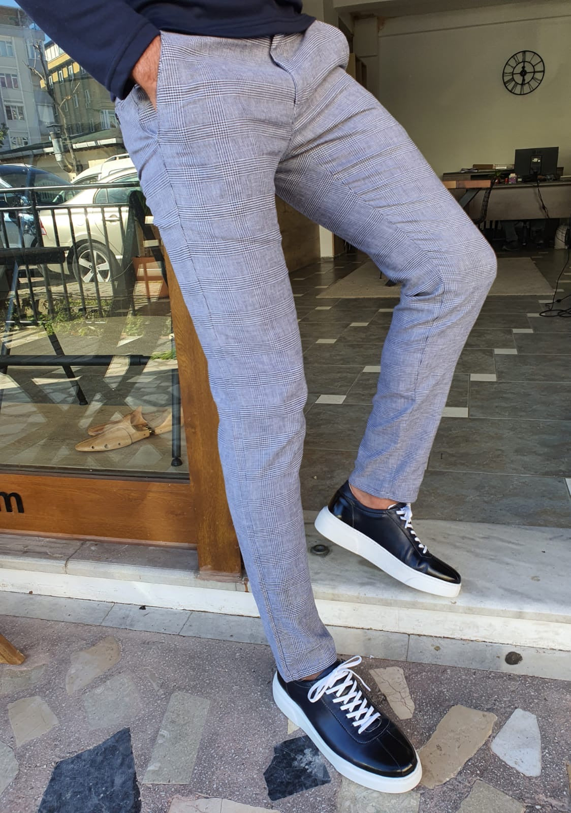 Montreal Navy Blue Slim Fit Plaid Cotton Pants