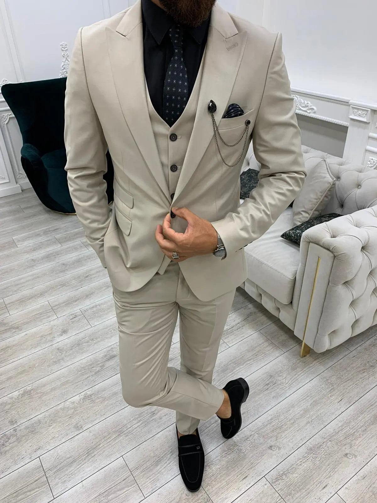 Eros Beige Slim Fit Peak Lapel Suit BOJONI