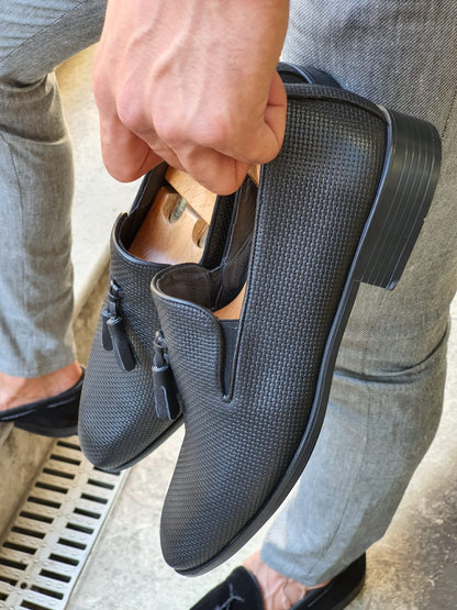 Fort Worth Black Patterned Tassel Loafer - Elegant Leather Shoes for Every Occasion