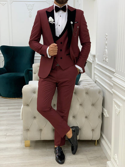 Acacia Burgundy Slim Fit Velvet Peak Lapel Tuxedo
