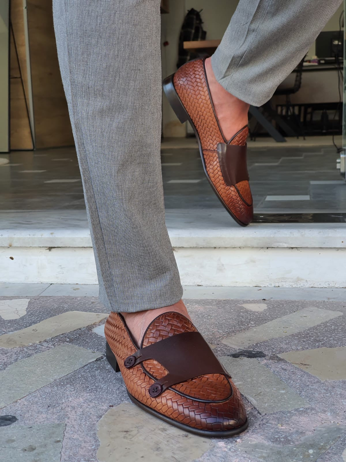 Bristol Tan Woven Leather Double Monk Strap Loafers