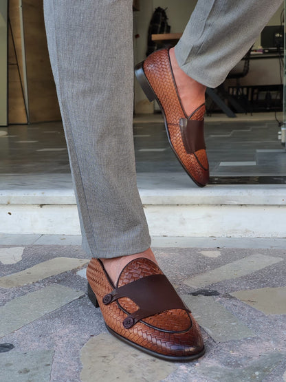 Bristol Tan Woven Leather Double Monk Strap Loafers