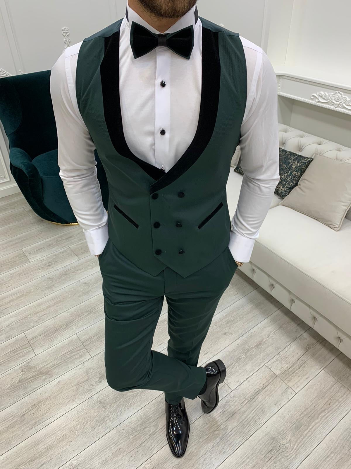 Bergamo Green Slim Fit Velvet Peak Lapel Tuxedo