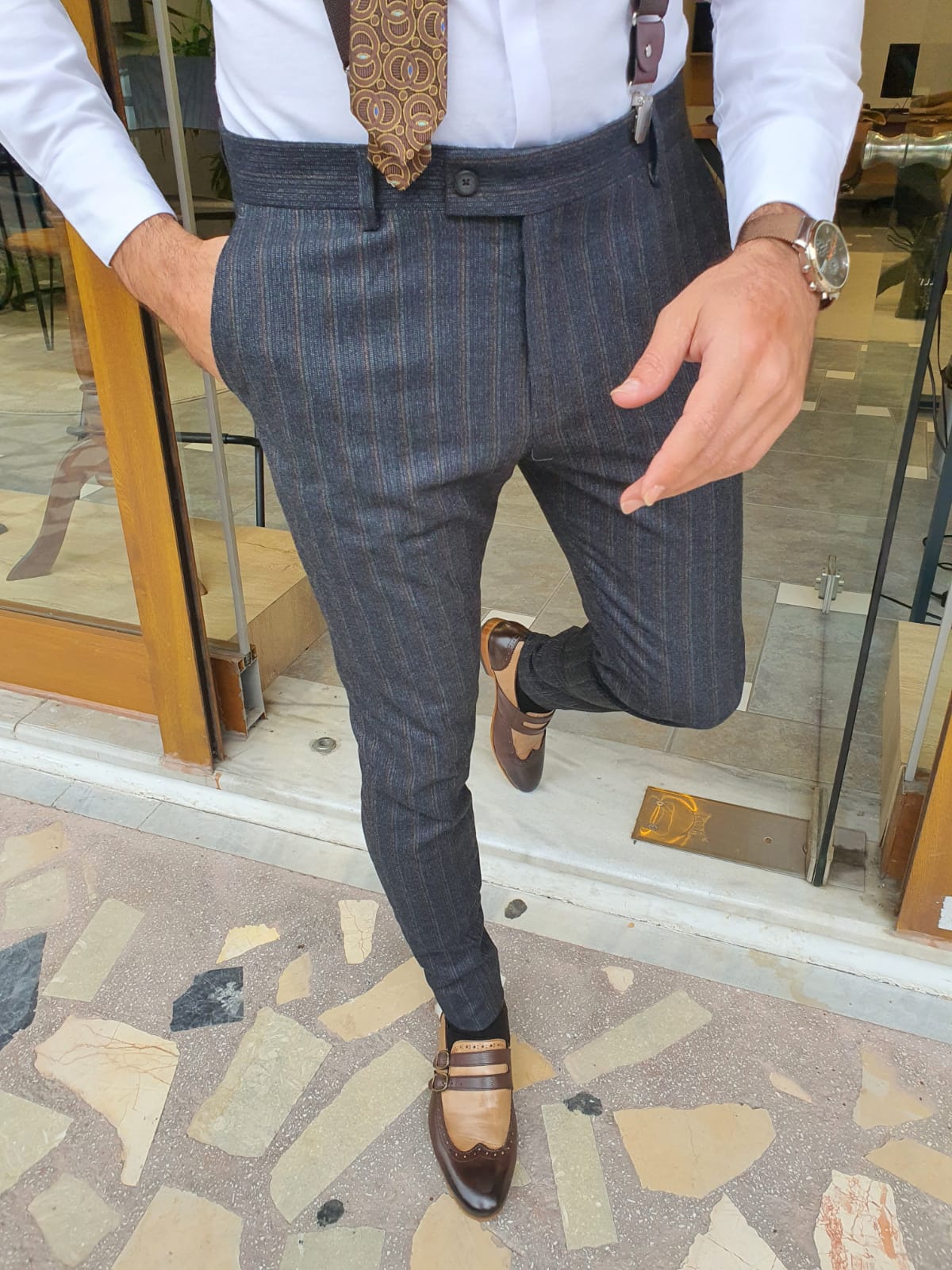 Lazio Dark Blue Slim Fit Striped Pants