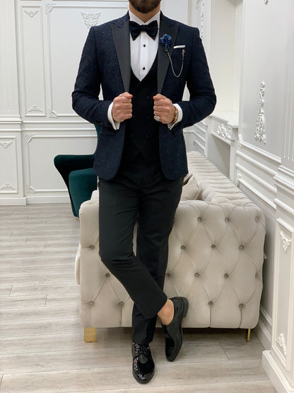 Caesar Navy Blue Slim Fit Peak Lapel Floral Patterned Tuxedo