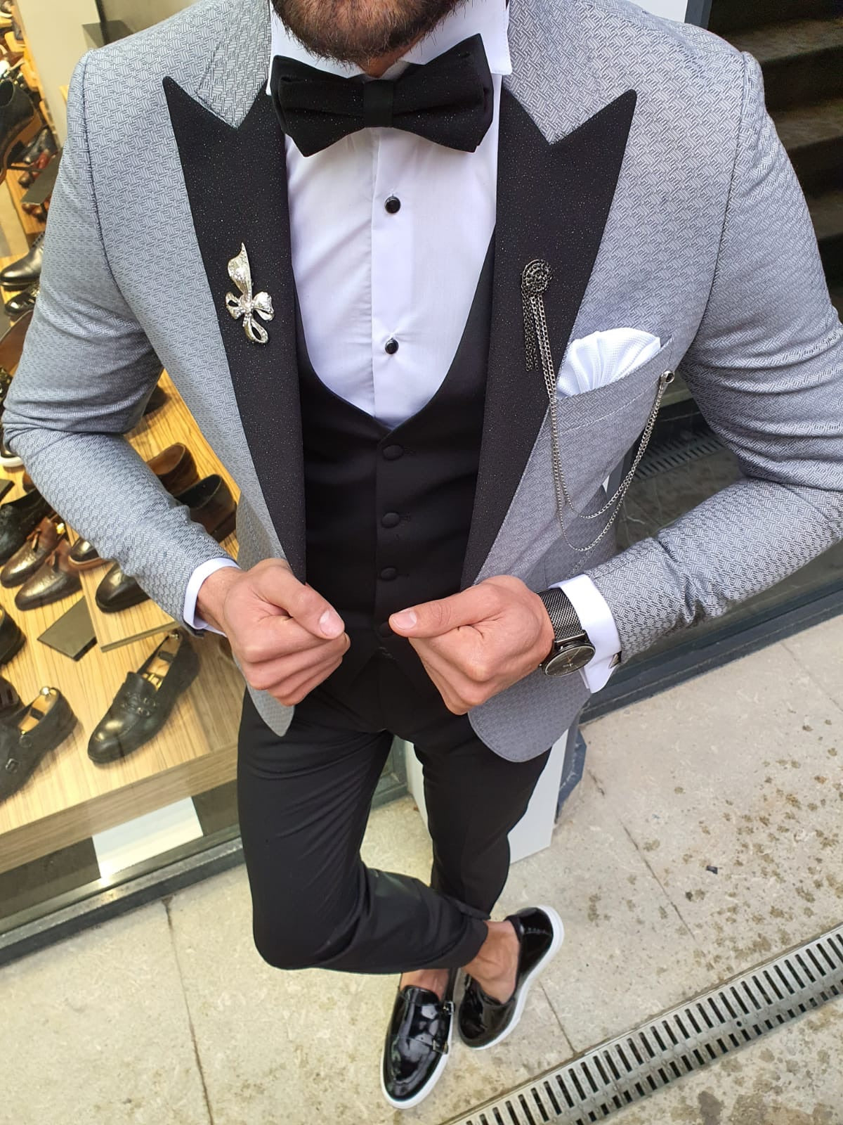 VillaNova Gray Slim Fit Patterned Tuxedo