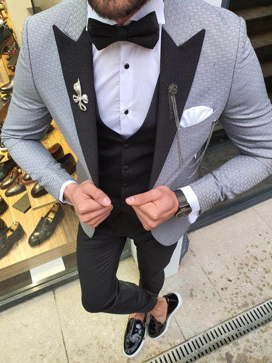 VillaNova Gray Slim Fit Patterned Tuxedo