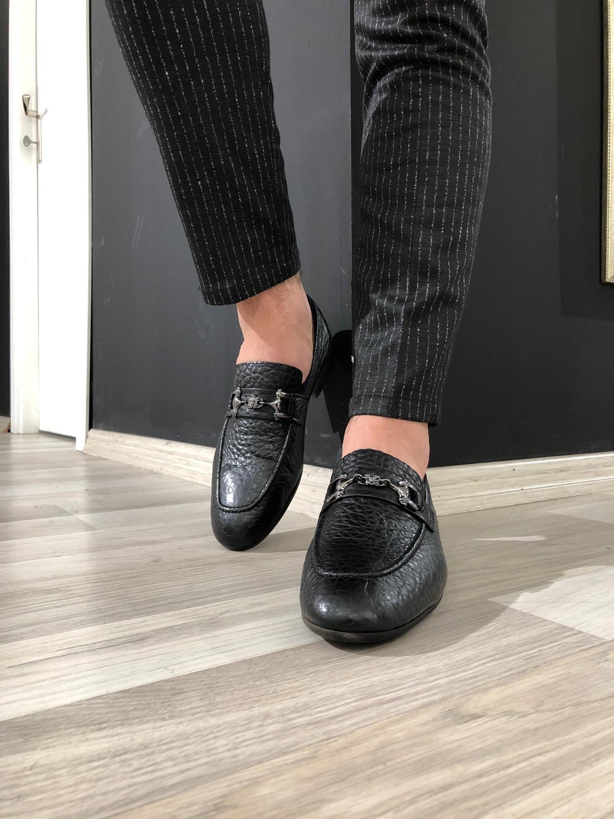 Ferrar Buckled Black Leather Loafers