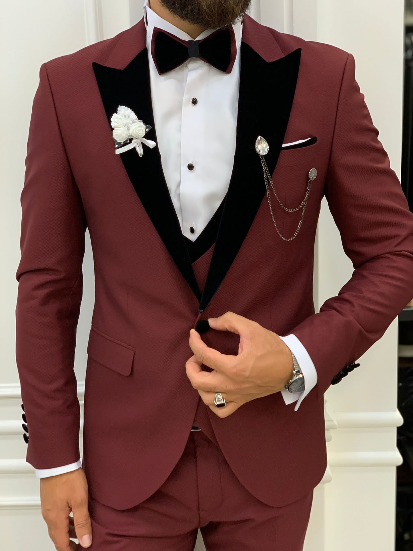 Acacia Burgundy Slim Fit Velvet Peak Lapel Tuxedo
