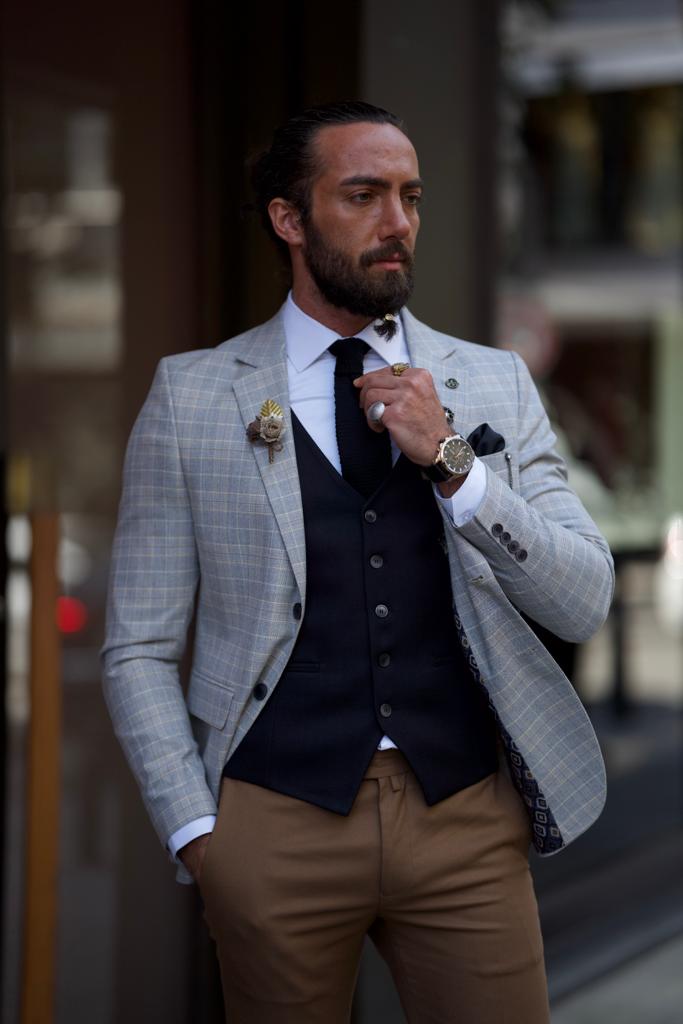 Sorento Gray Slim Fit Notch Lapel Plaid Blazer