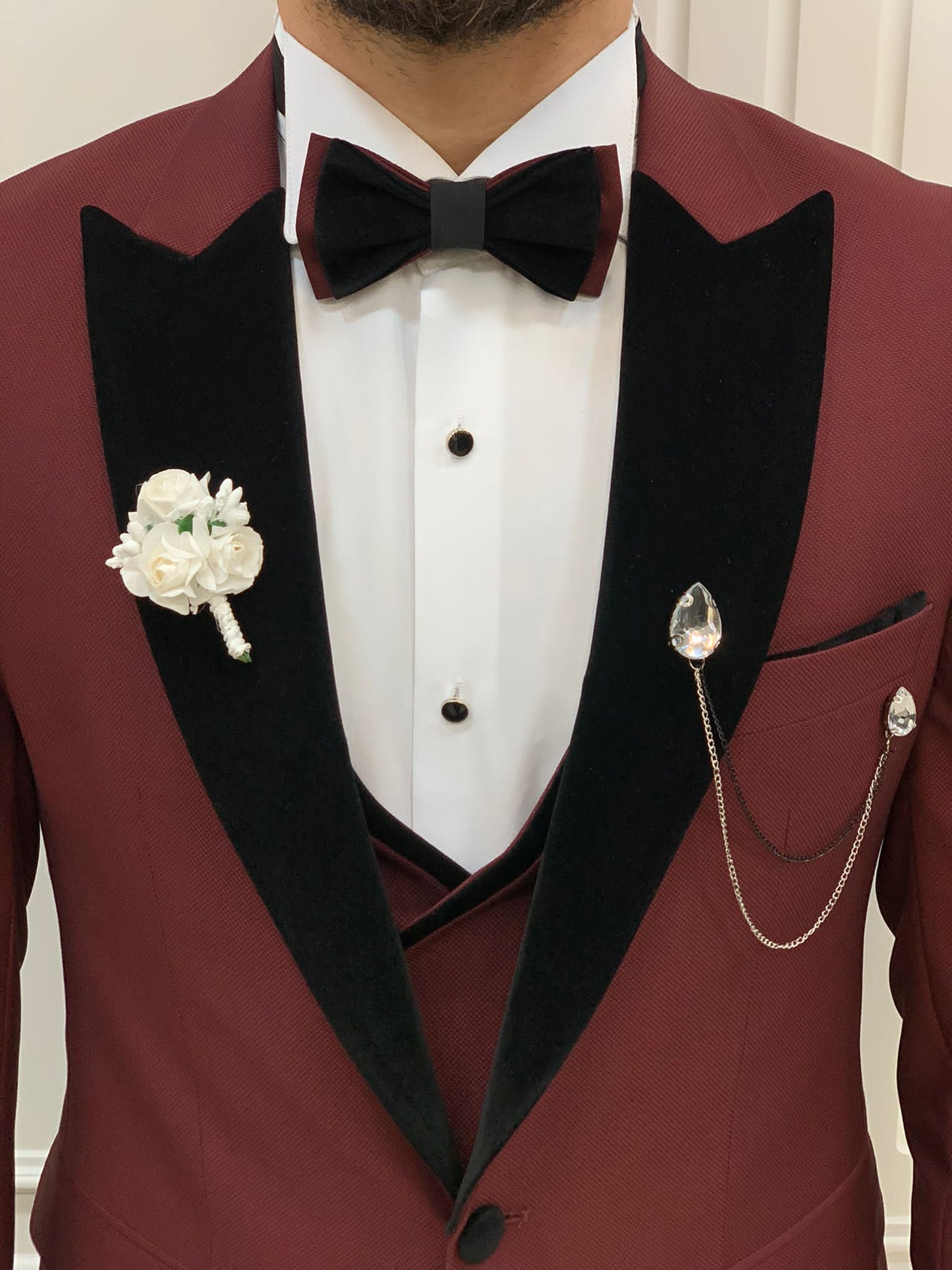 Eden Burgundy Slim Fit Velvet Peak Lapel Tuxedo