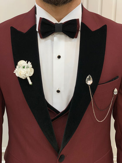 Eden Burgundy Slim Fit Velvet Peak Lapel Tuxedo
