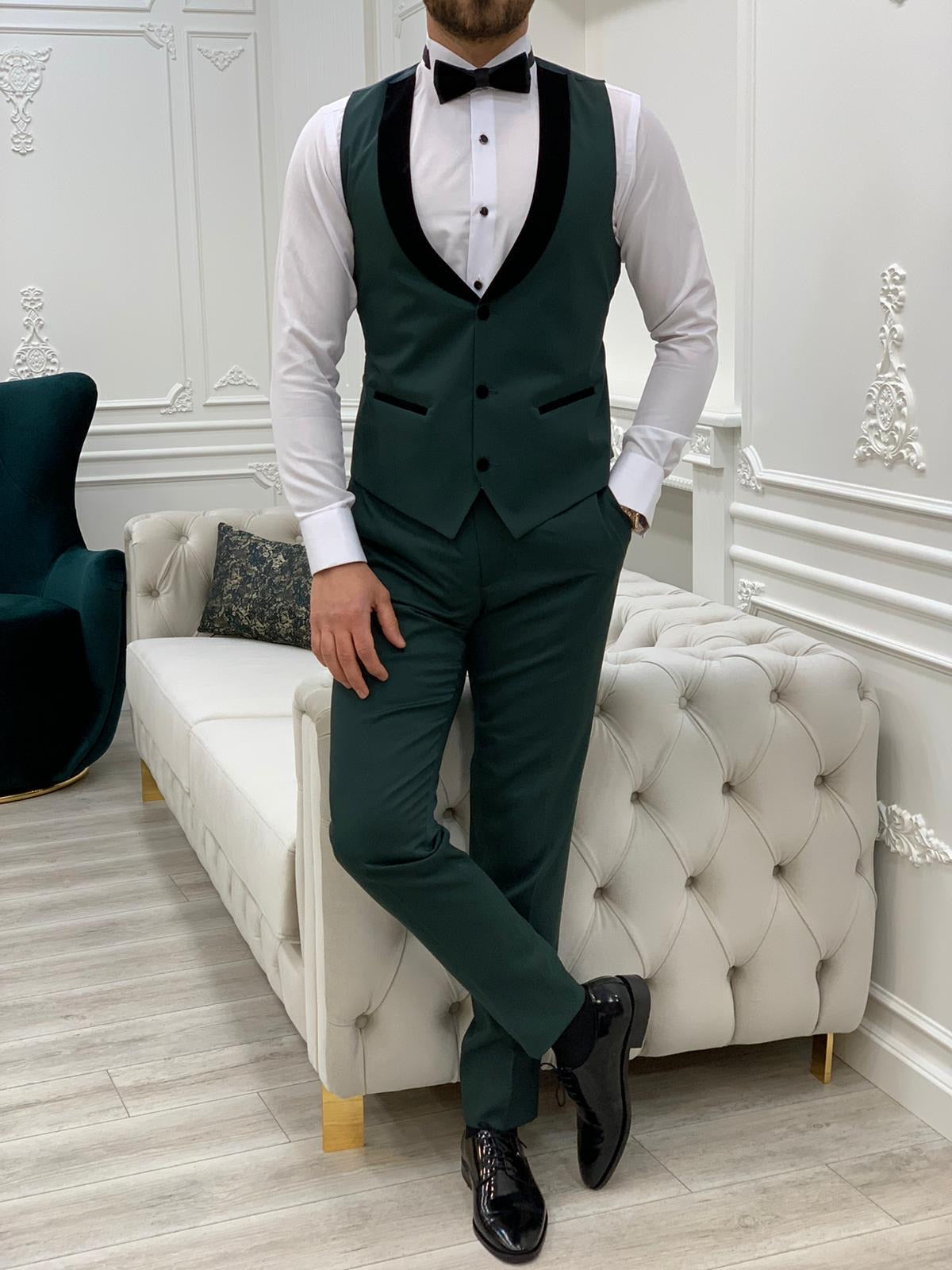 Infinite Green Slim Fit Velvet Peak Lapel Tuxedo