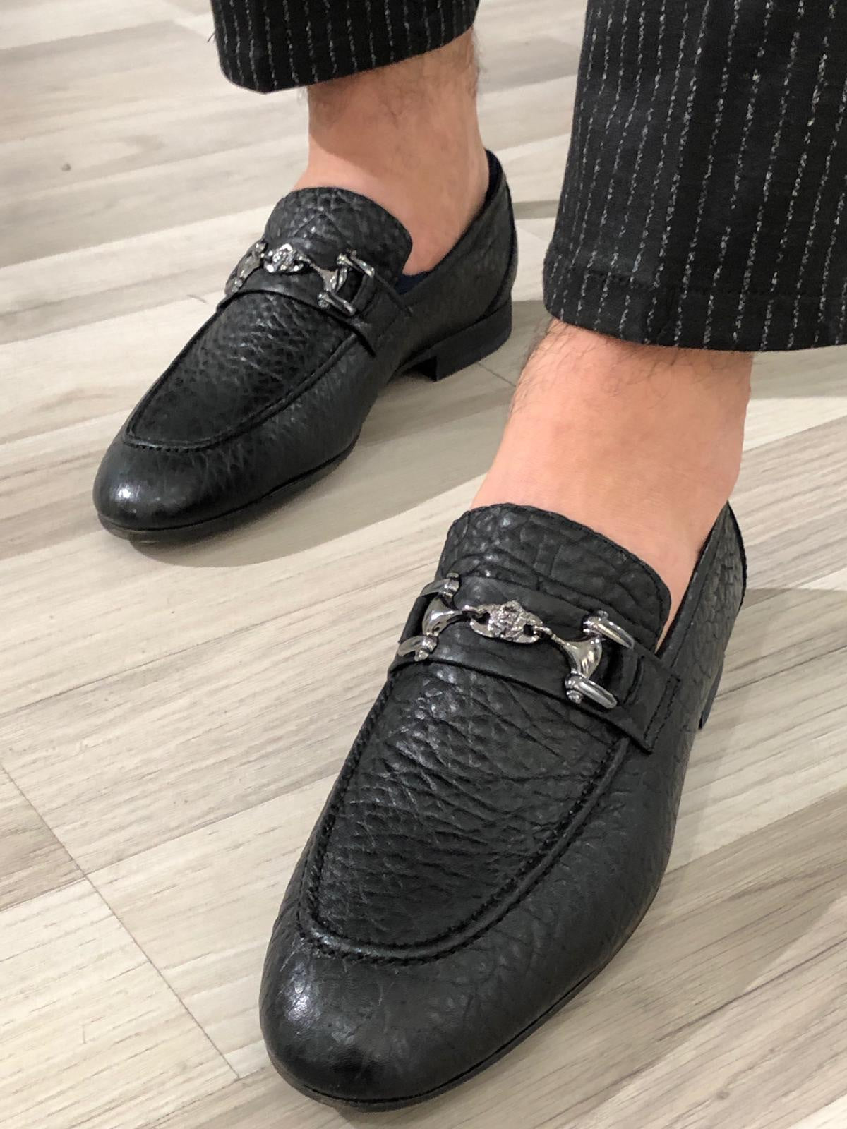 Ferrar Buckled Black Leather Loafers