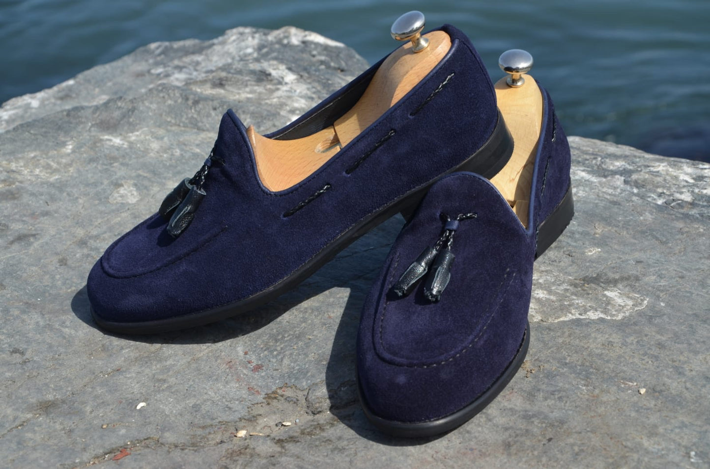 Suade Calf-Leather Loafer Shoes - Navy Blue