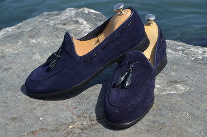 Suade Calf-Leather Loafer Shoes - Navy Blue