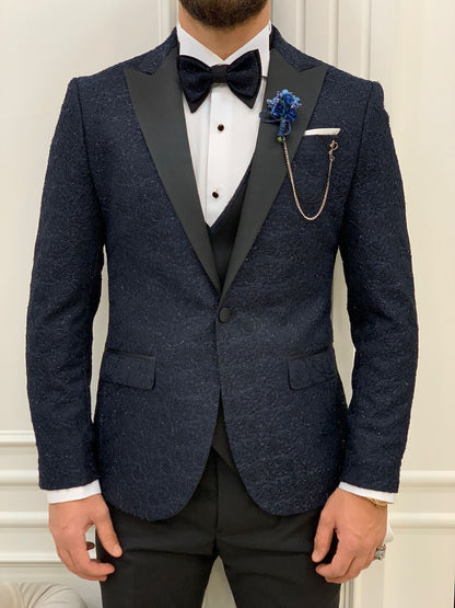Caesar Navy Blue Slim Fit Peak Lapel Floral Patterned Tuxedo