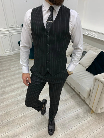 Lagos Black Slim Fit Peak Lapel Pinstripe Suit - Versatile Elegance for Every Occasion brabion