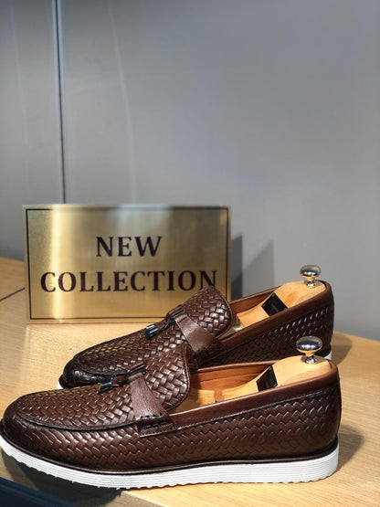 Odessa Brown Woven Leather Tassel Loafer