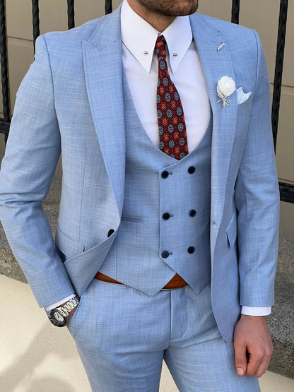 Edmond Sky Blue Slim Fit Peak Lapel Wool Suit: Elegance Redefined BOJONI