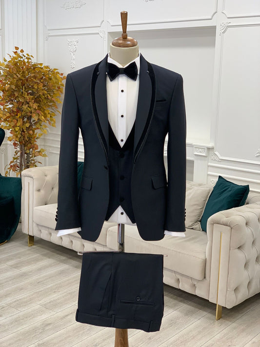 Caesar Navy Blue Slim Fit Velvet Shawl Button Lapel Tuxedo
