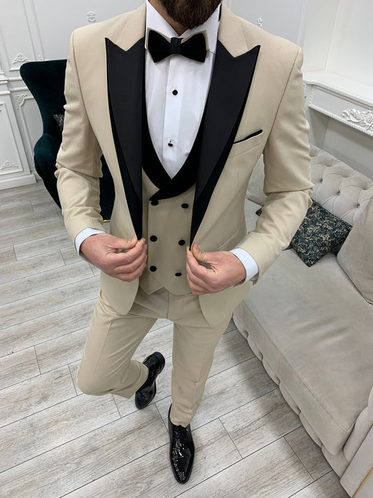 Marbel Beige Slim Fit Velvet Peak Lapel Tuxedo