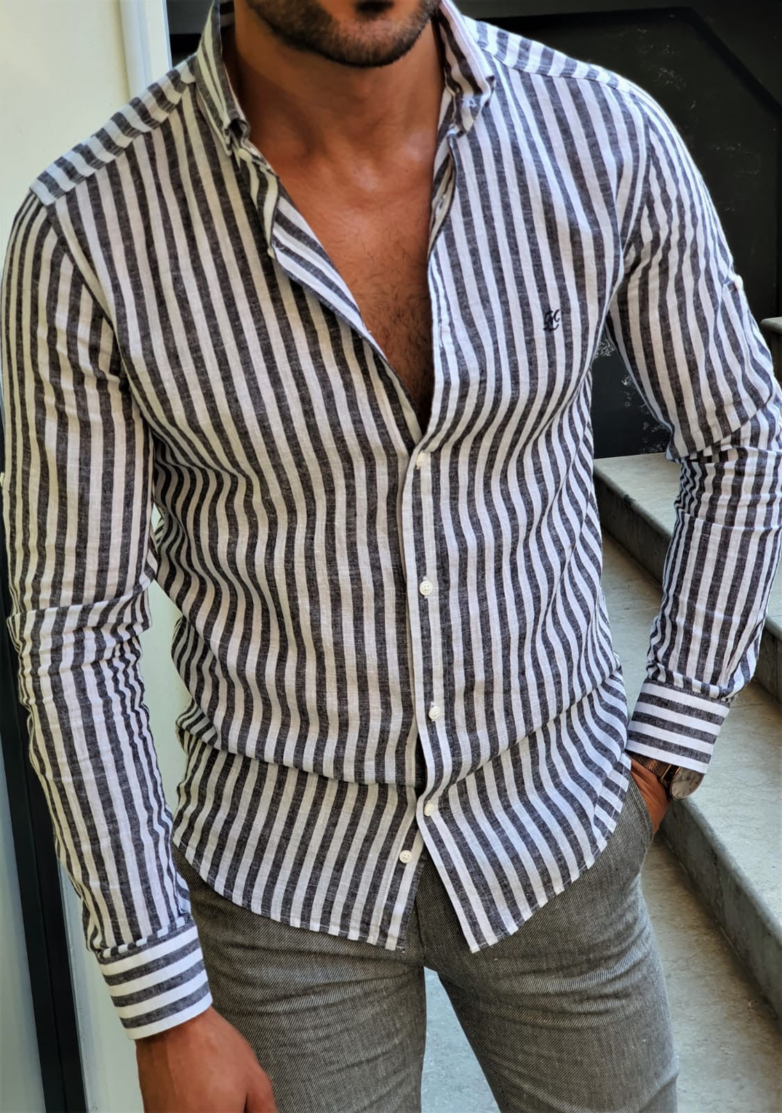 Brabion Stefano Gray Striped Slim-Fit Shirt