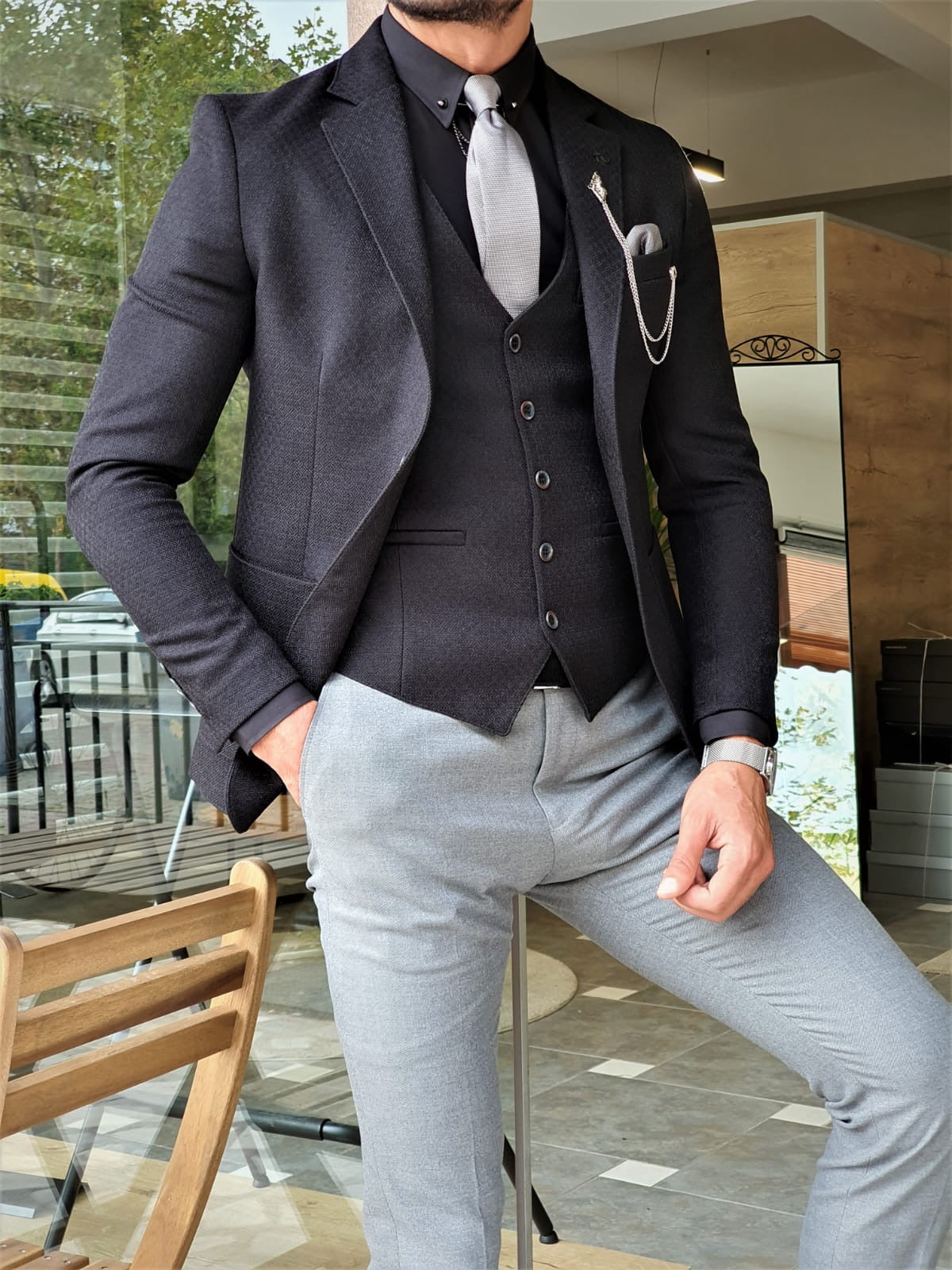 Henderson Jet Black Slim Fit Three-Piece Suit