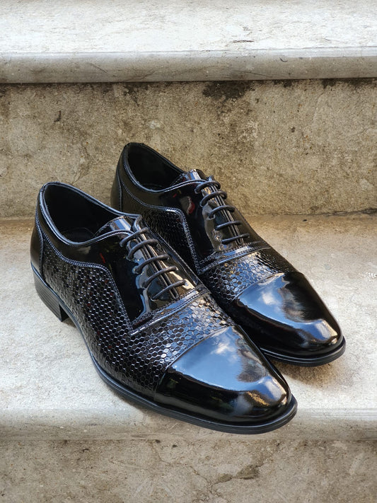 Henderson Black Wholecut Derbies - Navy Blue Patent Leather Elegance