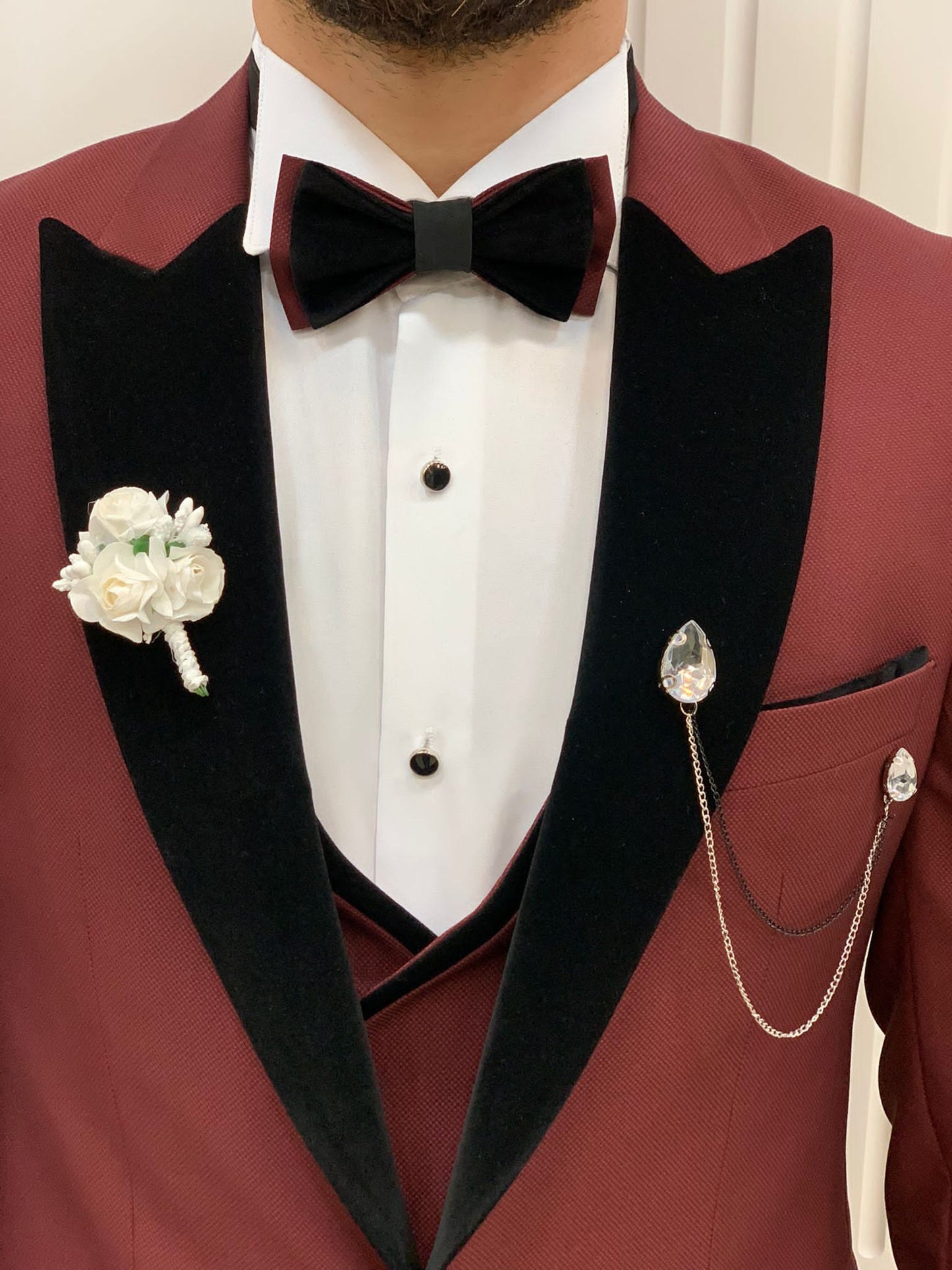 Eden Burgundy Slim Fit Velvet Peak Lapel Tuxedo