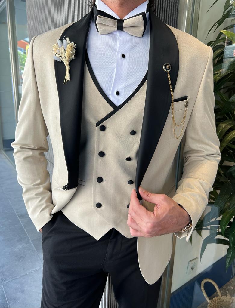 Bensen Slim Fit Mono Collared Beige Groom Suit