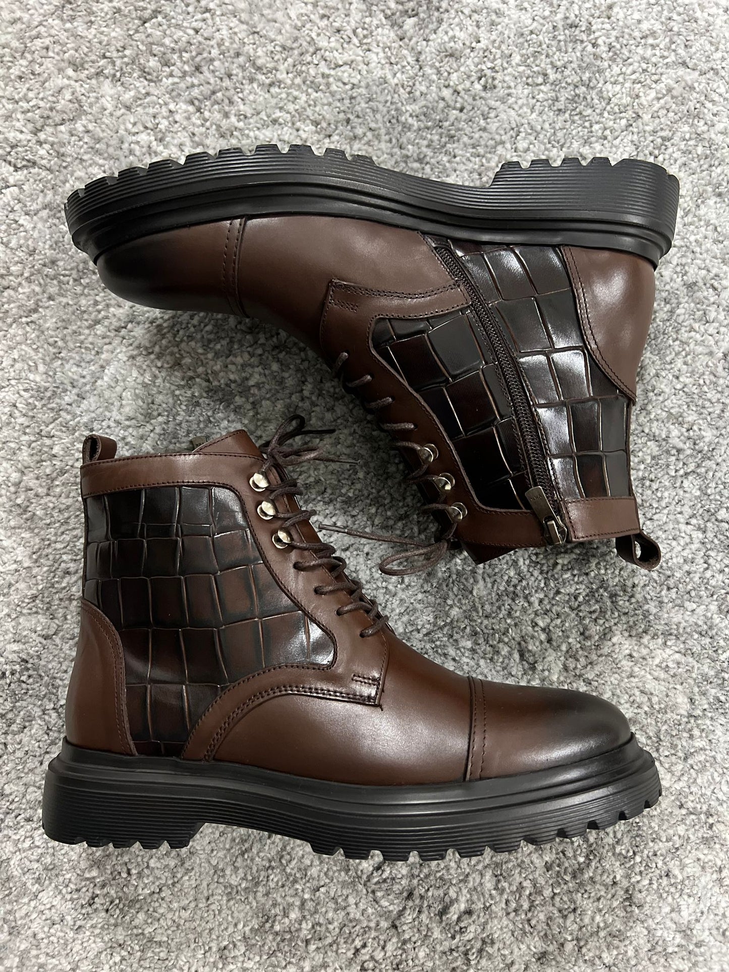 Lenzi Special Edition Zippered Croc Theme Leather Brown Boots