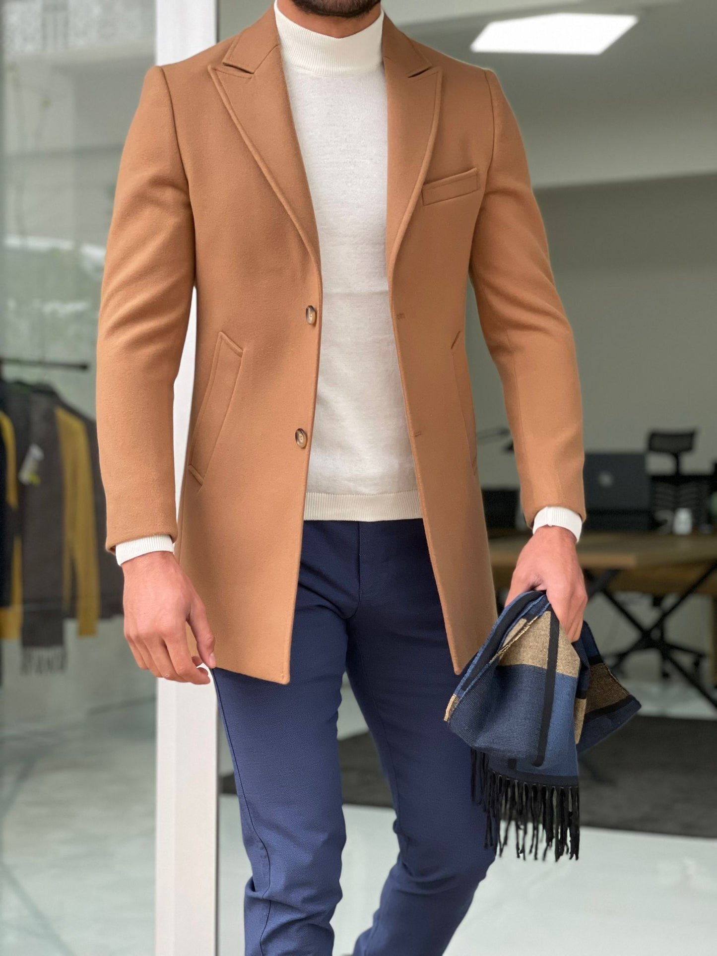 Viena Camel Slim Fit Wool Long Coat