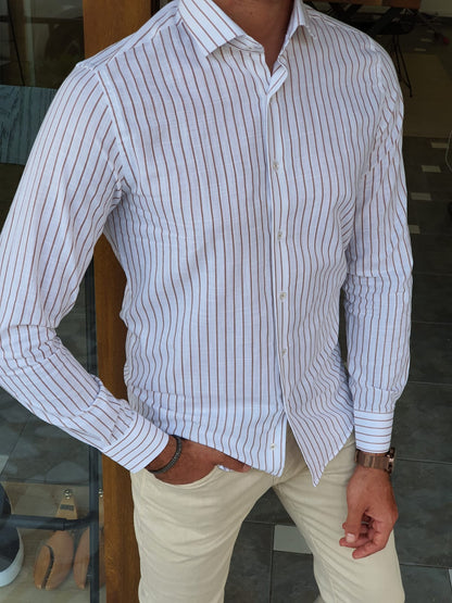 Brabion Berton Beige Slim Fit Long Sleeve Striped Cotton Shirt
