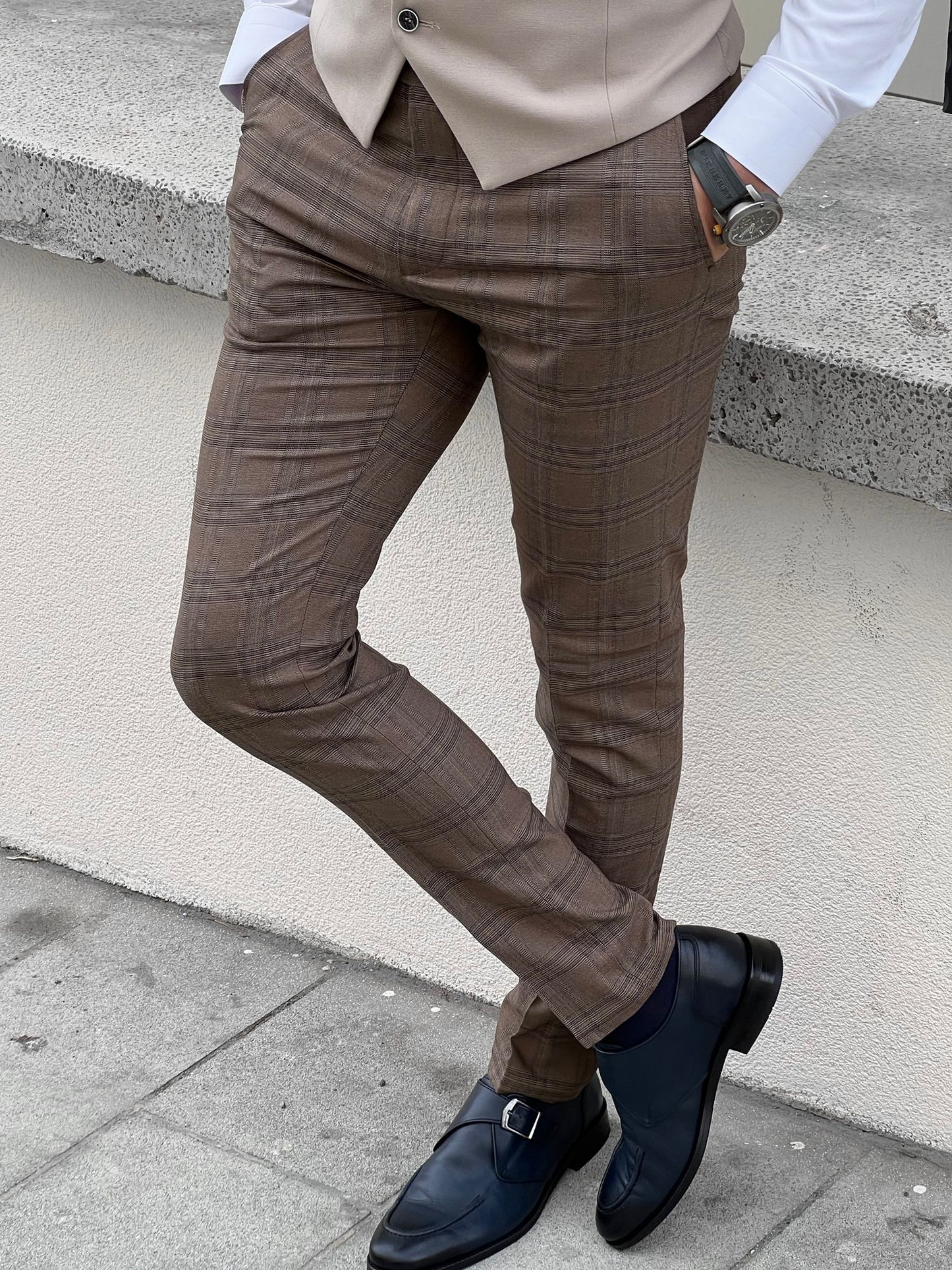 Fabio Brown Plaid Slim Fit Woolen Pants