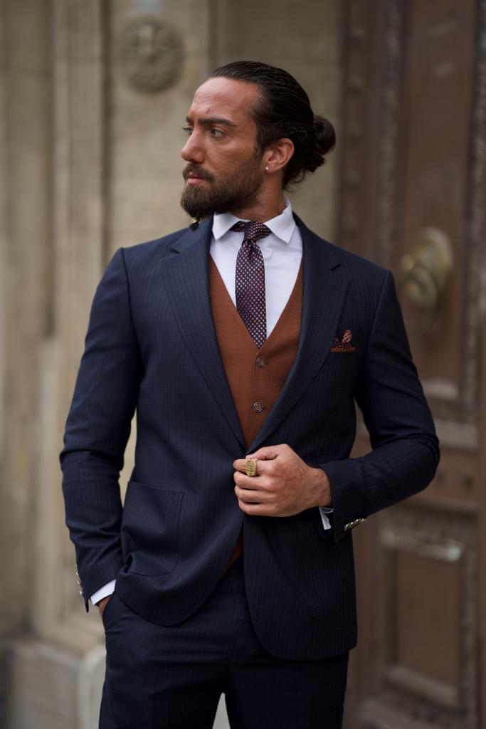 Sorento Dark Blue Slim Fit Pinstripe Combination Suit