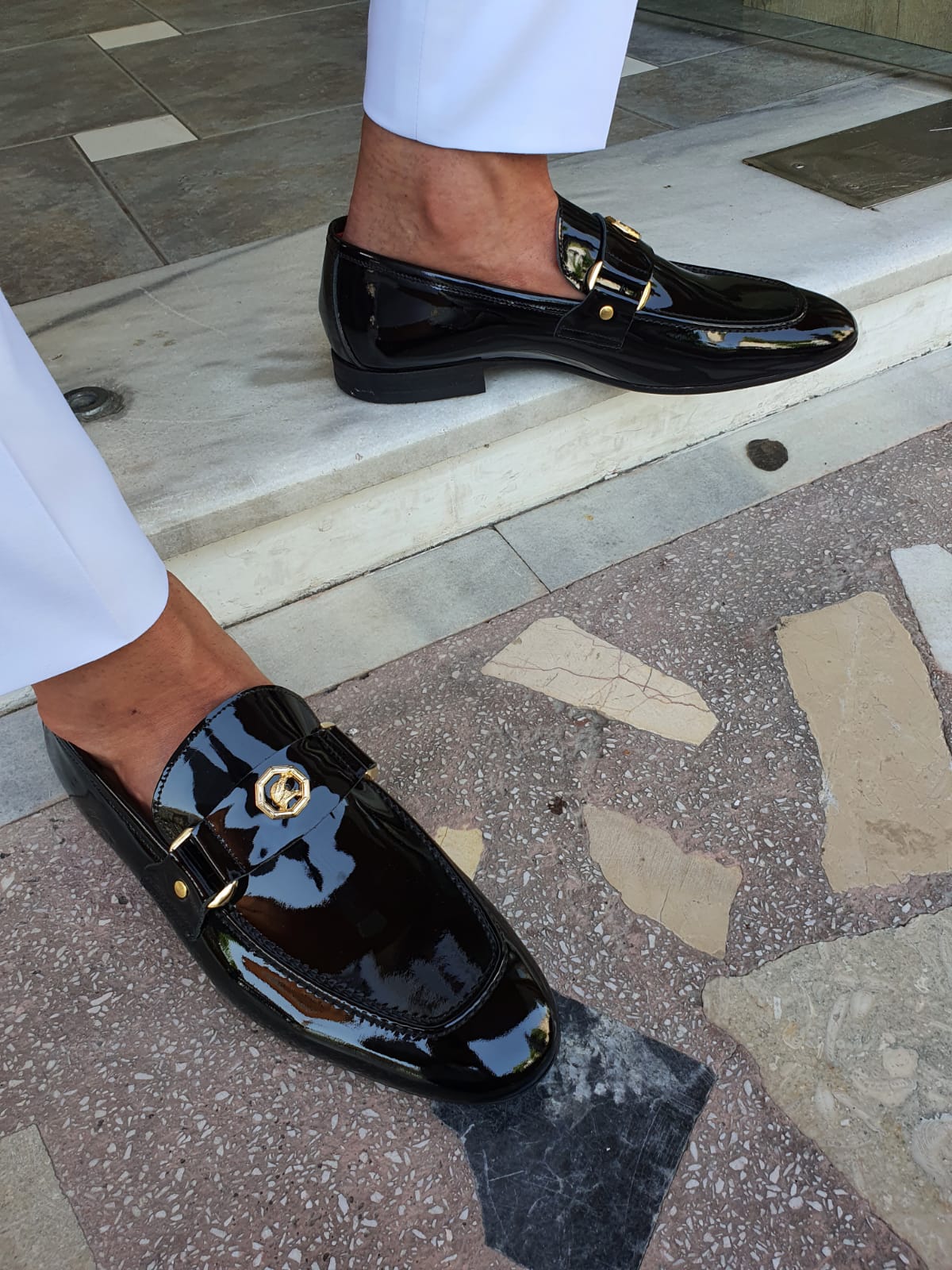 Berton Black Patent Leather Penny Loafers for Men
