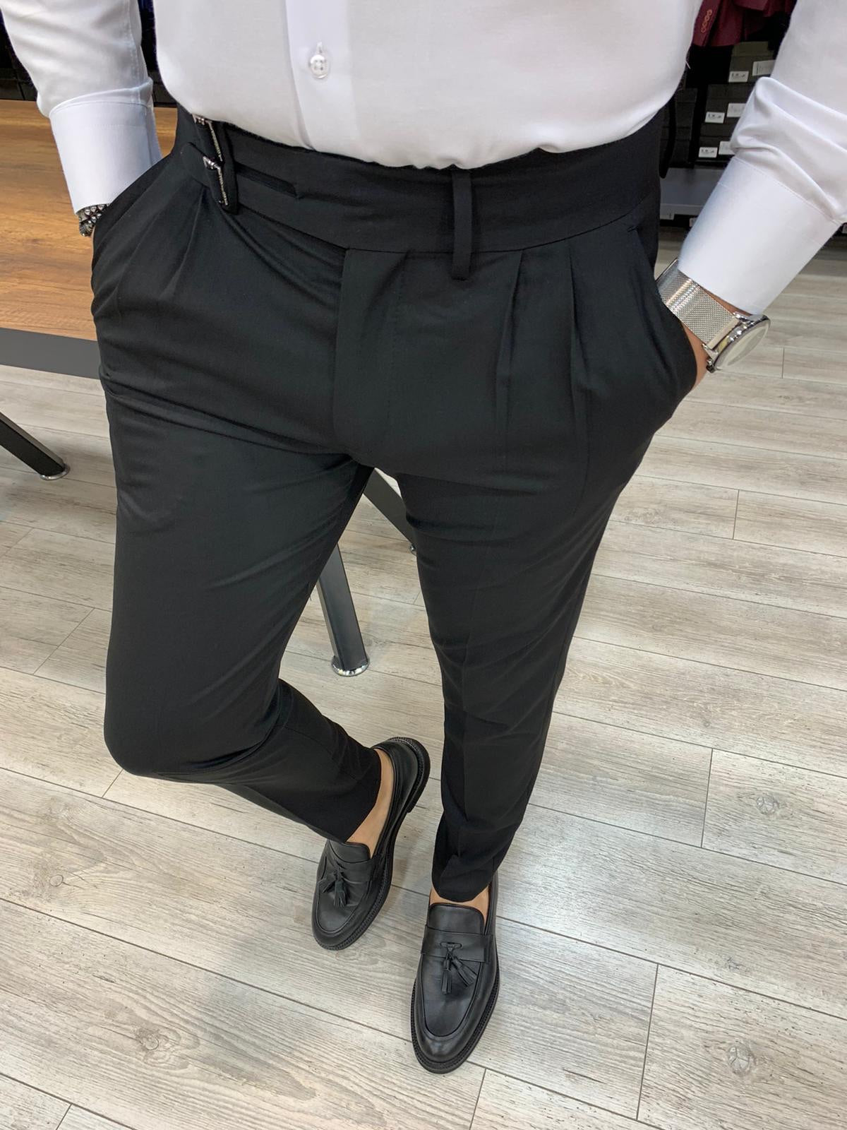 Jake Black Double Pleated Buckled Slim Pants - Versatile Elegance for Every Occasion