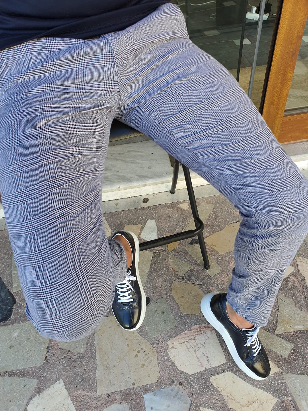 Montreal Navy Blue Slim Fit Plaid Cotton Pants