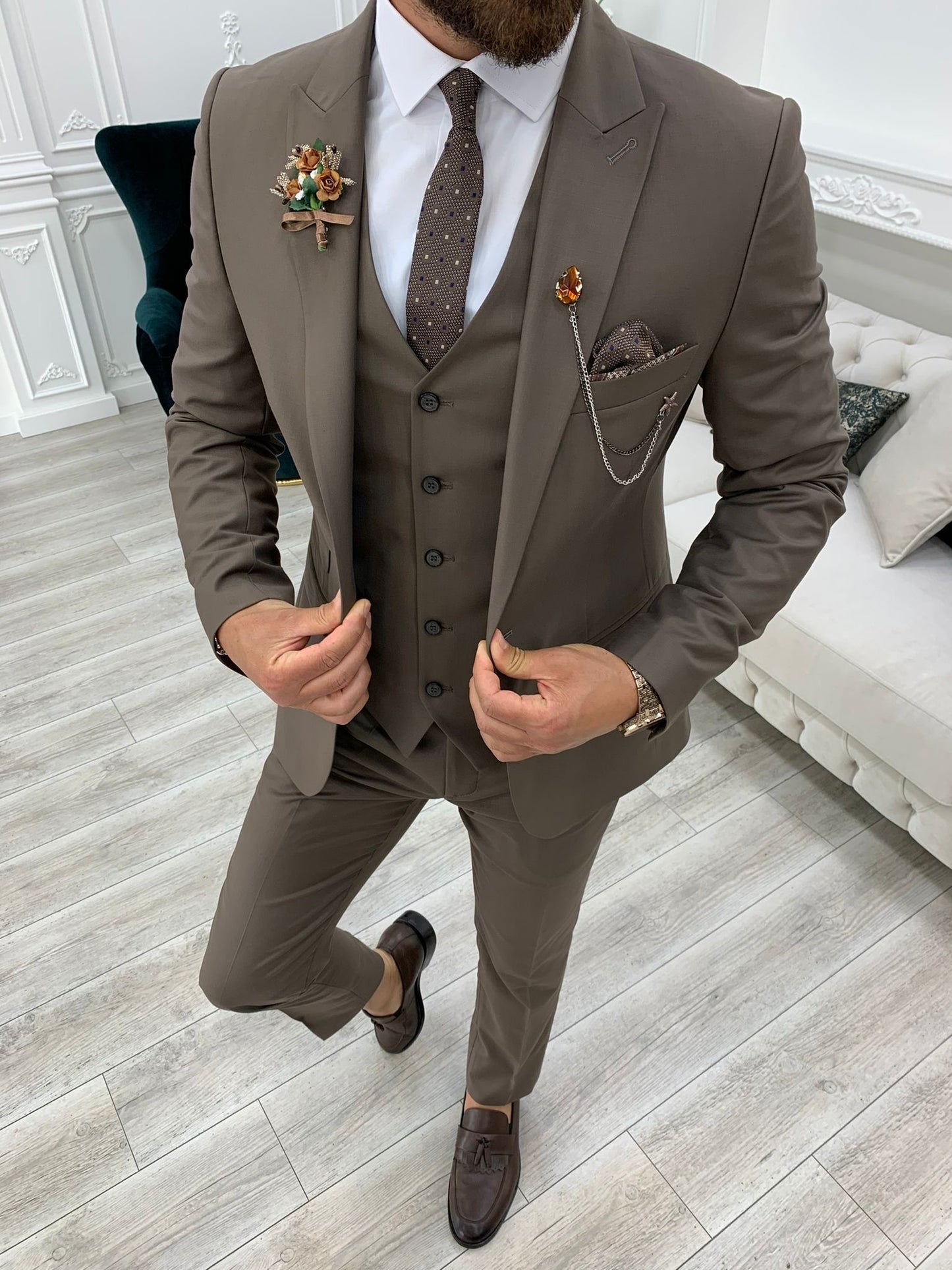 Lance Coffee Slim Fit Three-Piece Suit