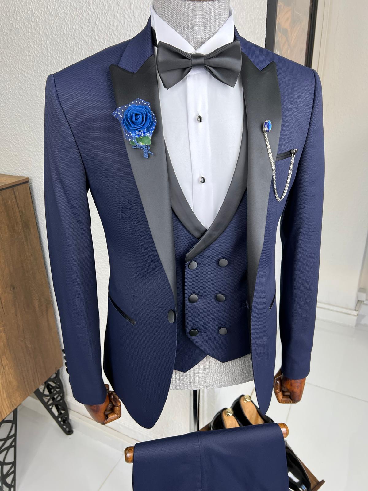 Bensen Slim Fit Patterned Navy Blue Dovetail Collared Tuxedo