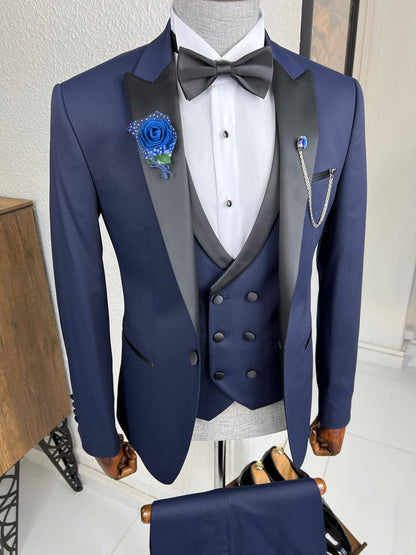 Bensen Slim Fit Patterned Navy Blue Dovetail Collared Tuxedo