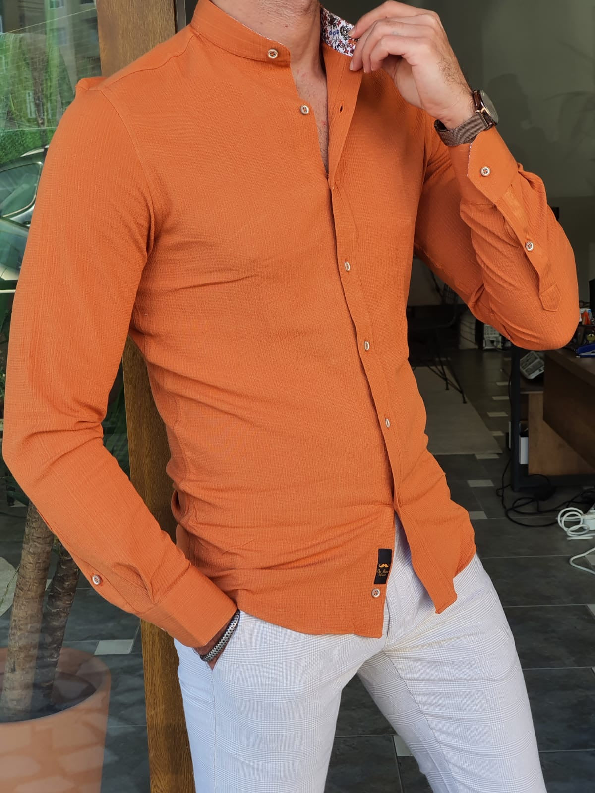 Brabion Aron Orange Slim Fit Long Sleeve Cotton Shirt